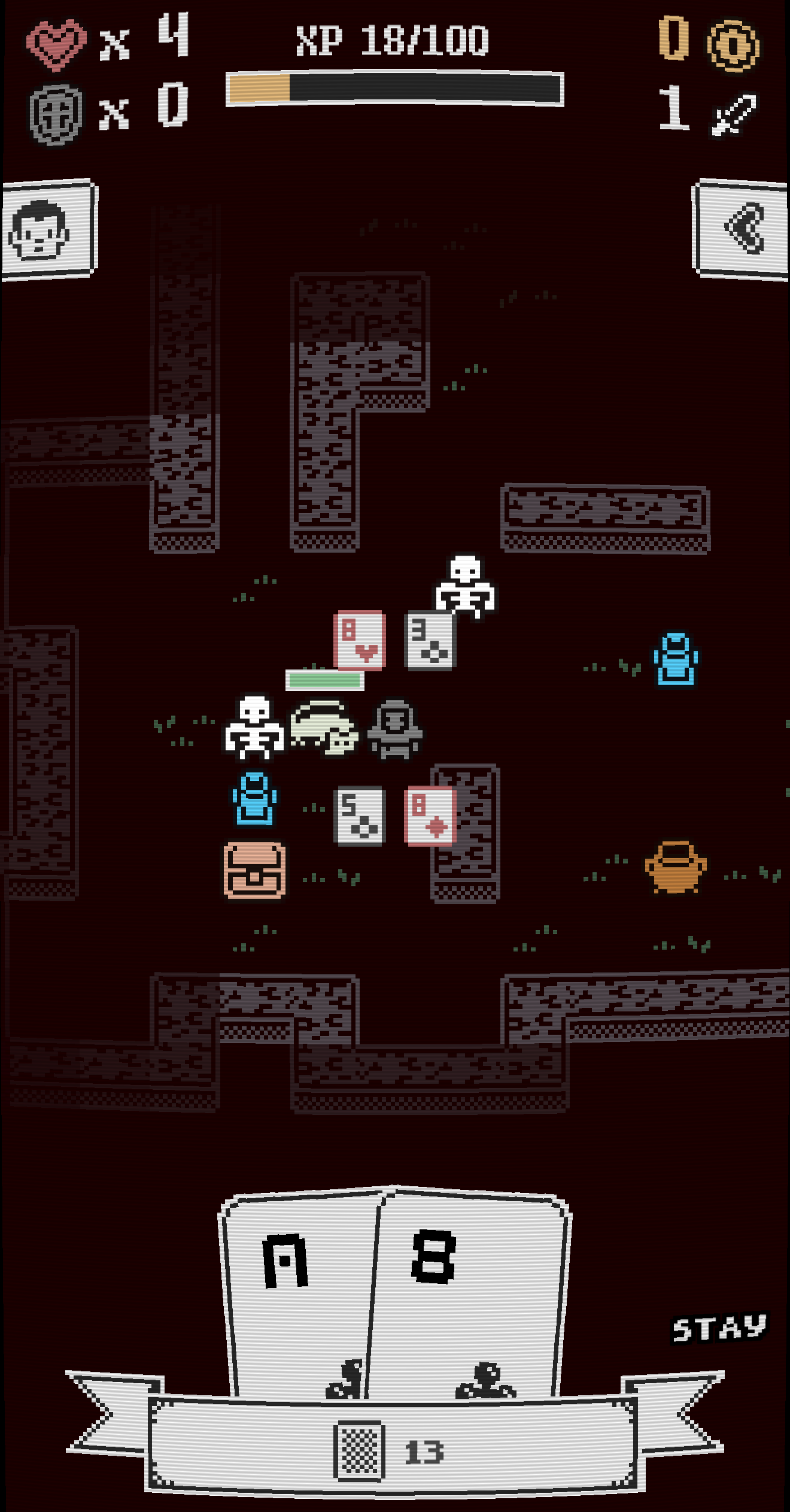 RogueJack gameplay showing a pixel-art dungeon room, player cards, enemies, health and experience bars, and a CRT scanline effect